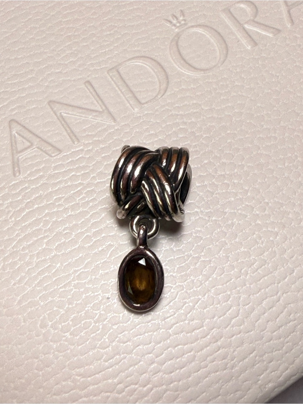 Pandora Silver Knot Dangle Charm with Brown Oval Stone